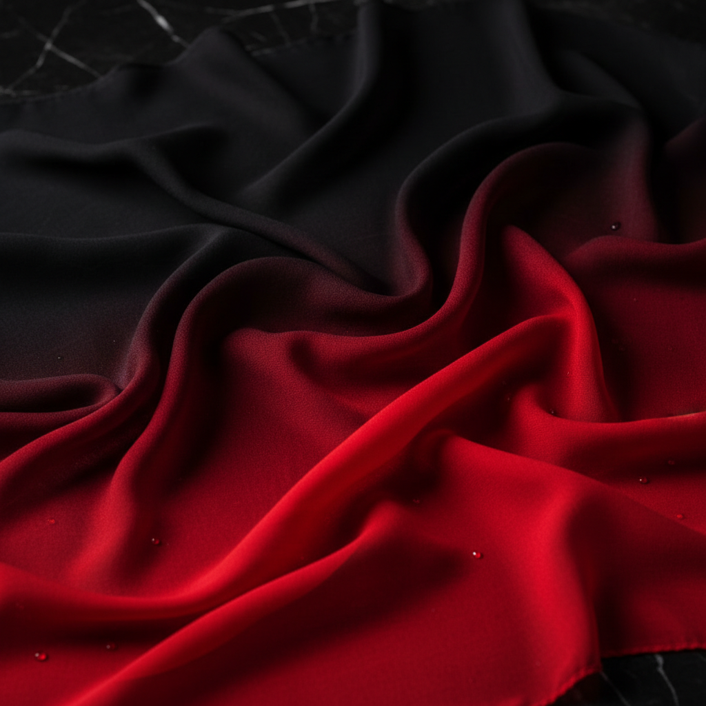 Close-up detail of red and black gradient chiffon scarf showing dramatic colour transition and sheer fabric texture