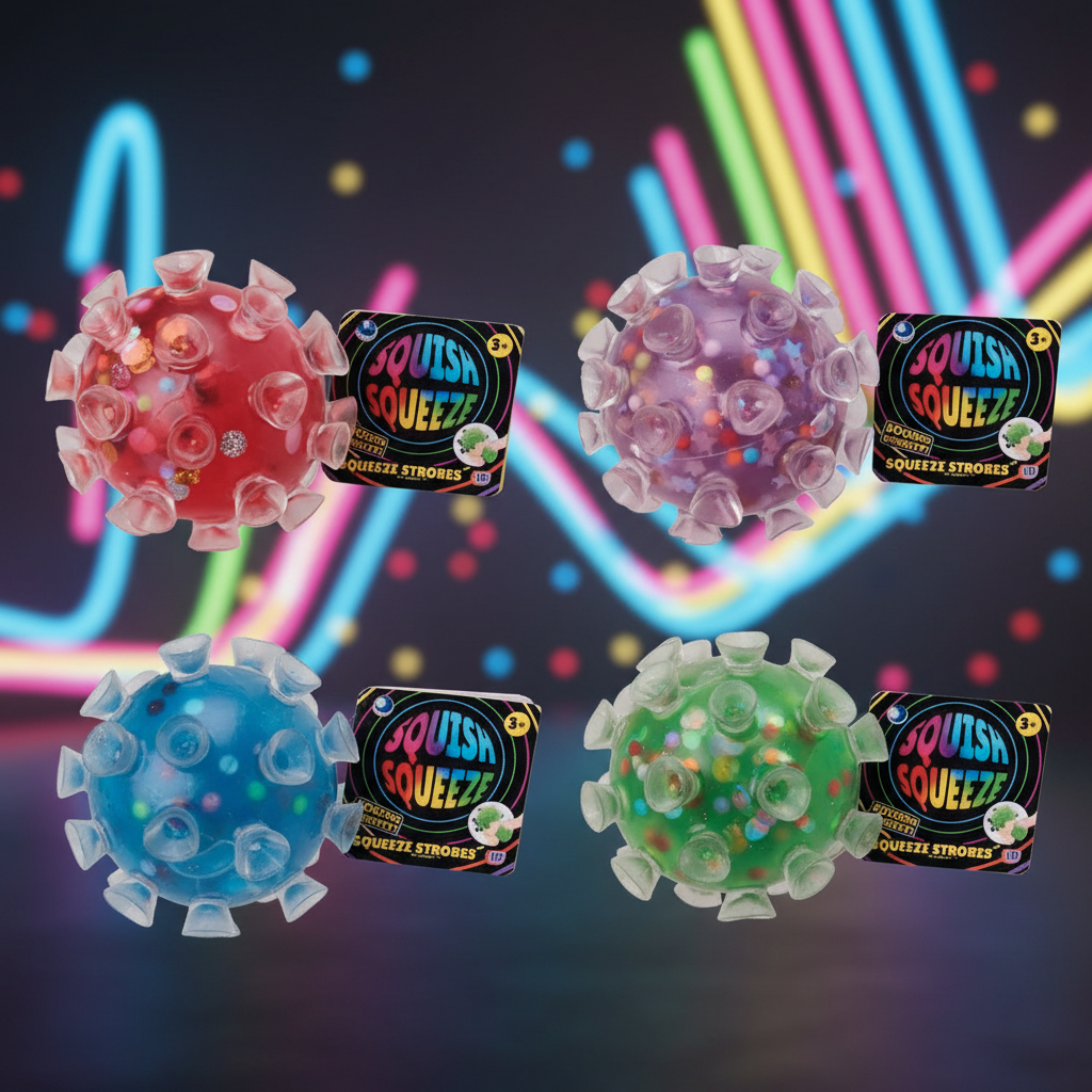 Four Squish and Squeeze Strobes light-up spiky squeeze balls in red, purple, blue and green with branded tags on dark neon background