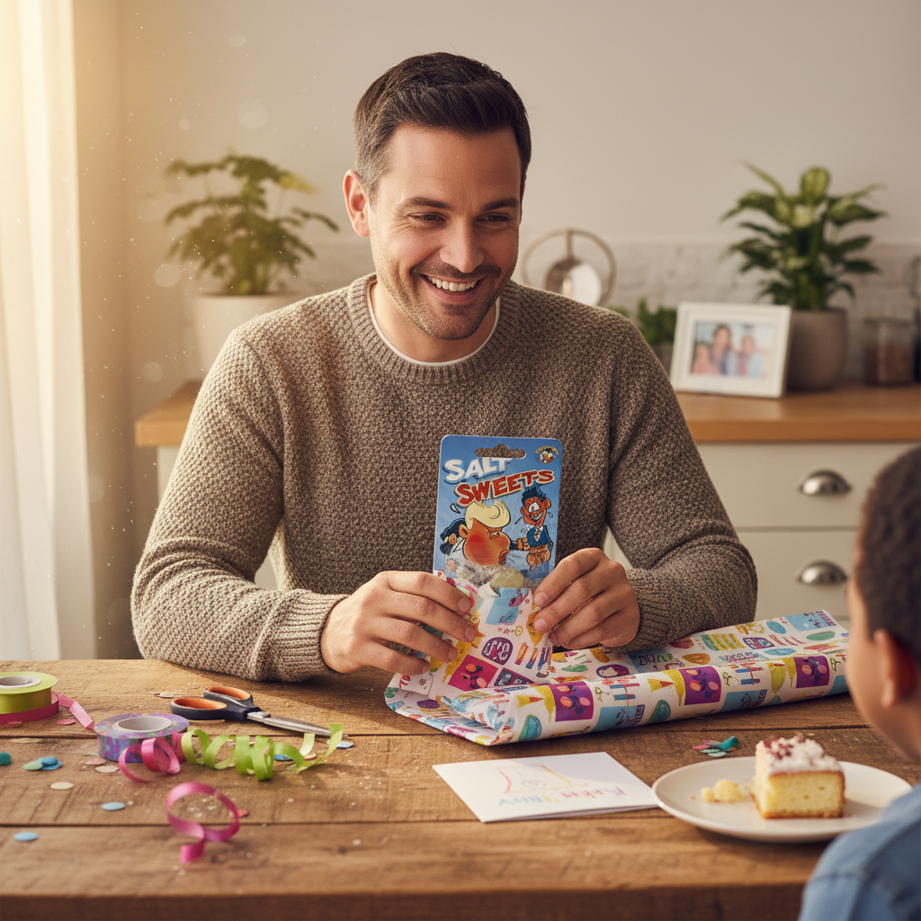 Dad wrapping Joke Salt Sweets Pack of 3 as a fun birthday prank gift for a child at a kitchen table