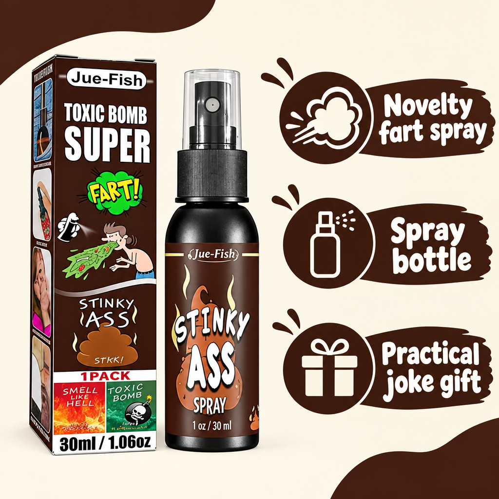 Toxic Bomb fart spray bottle and box with novelty spray and practical joke gift feature captions.