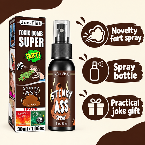 Toxic Bomb fart spray bottle and box with novelty spray and practical joke gift feature captions.
