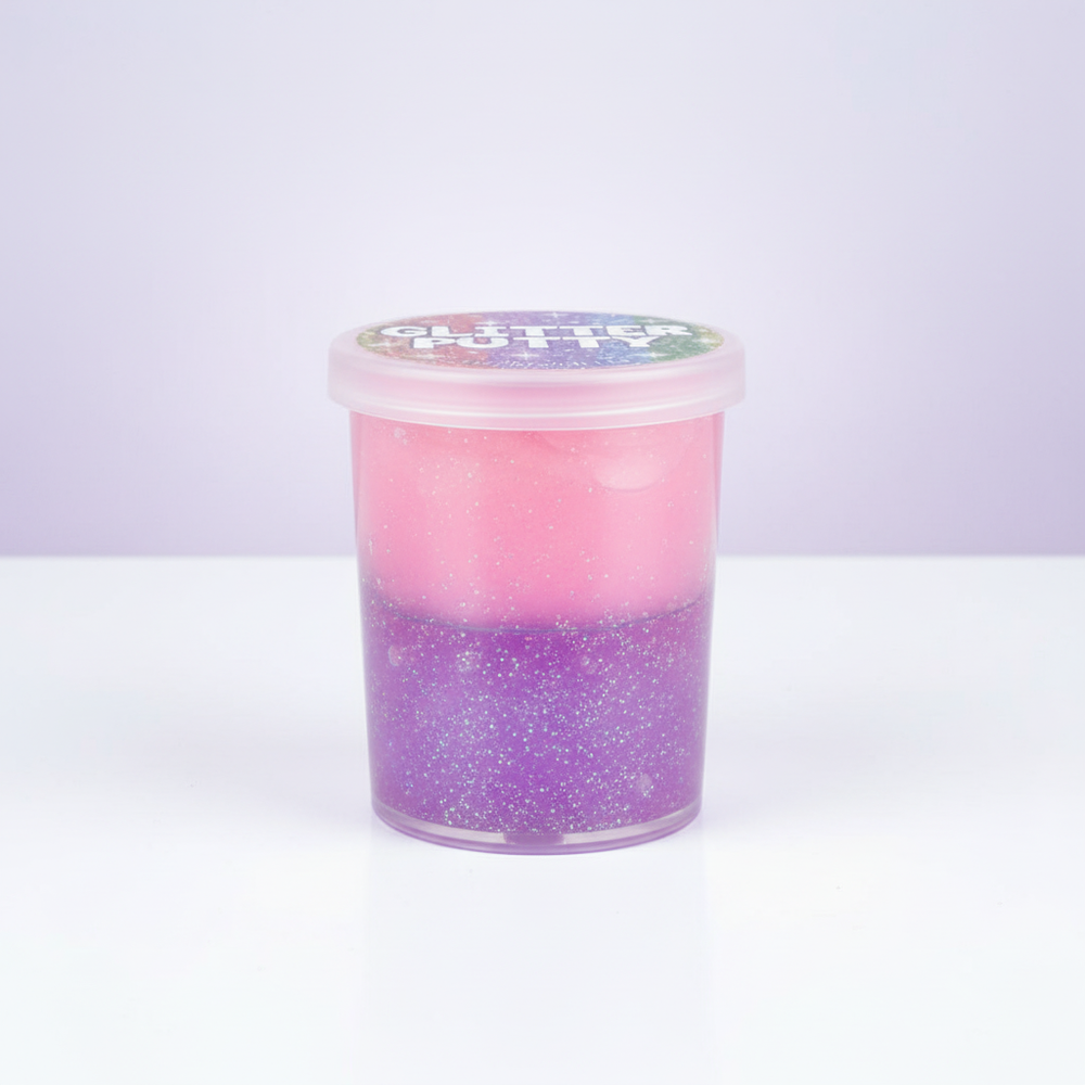 Glitter crystal putty in clear tub showing sparkling two-layer iridescent effect