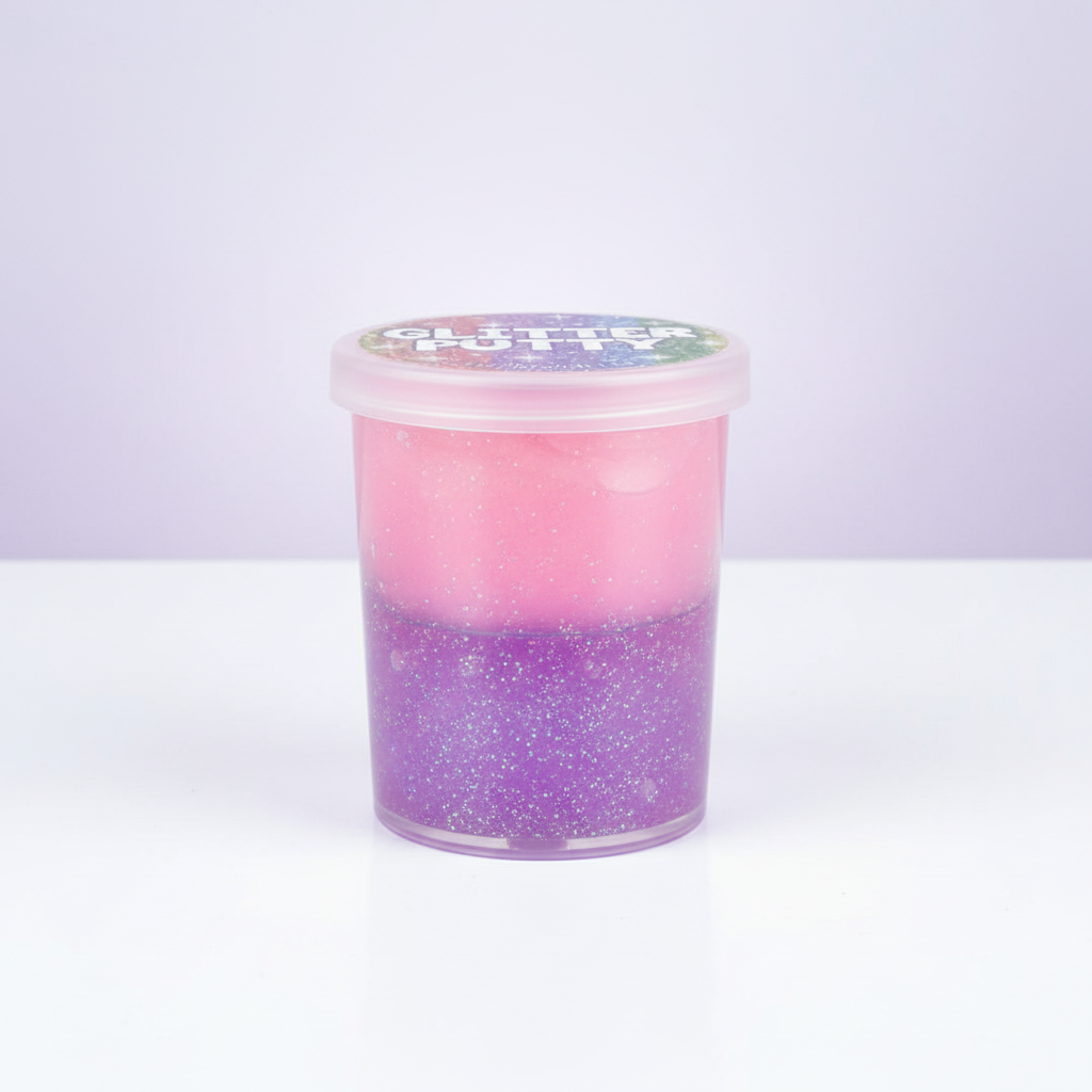 Glitter crystal putty in clear tub showing sparkling two-layer iridescent effect