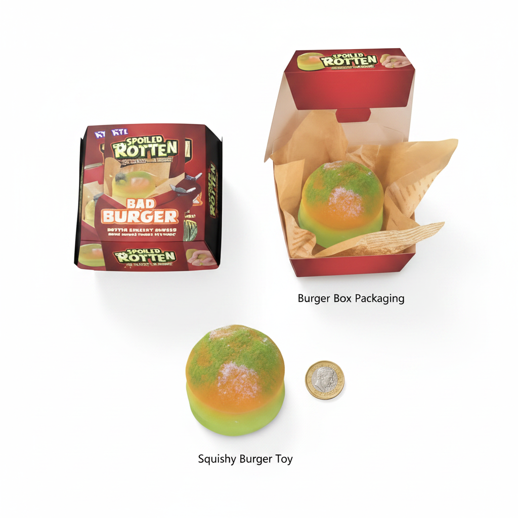 Spoiled Rotten Bad Burger squishy toy flat lay showing burger toy, burger box packaging and British pound coin for scale