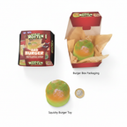 Spoiled Rotten Bad Burger squishy toy flat lay showing burger toy, burger box packaging and British pound coin for scale