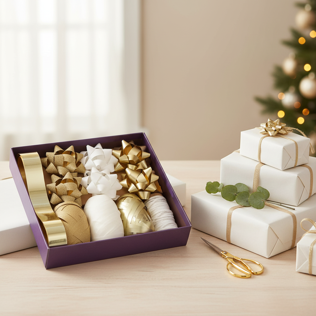 Gold bow and ribbon gift wrapping set at a styled home gift wrapping station with natural light