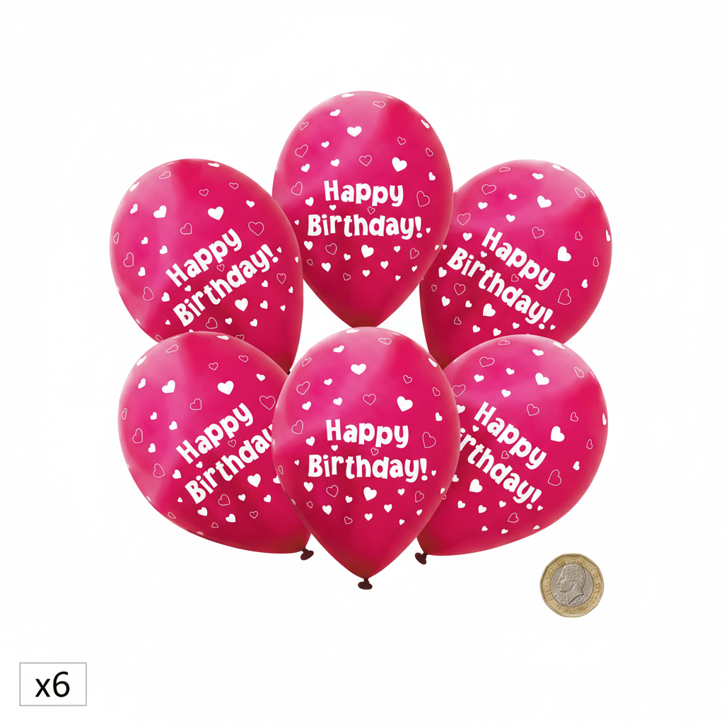 6 fuchsia pink Happy Birthday latex balloons laid flat beside a pound coin showing size scale, flat lay on white background