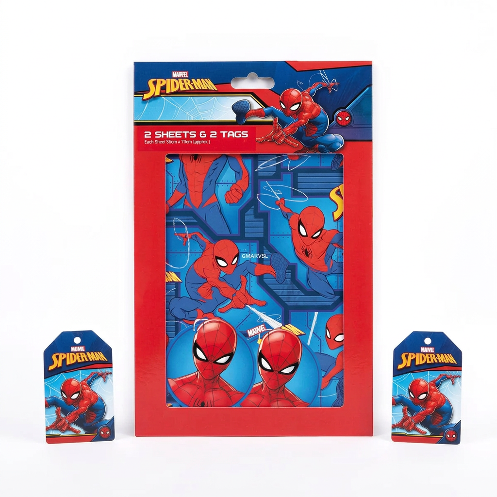 Spider-Man wrapping paper pack with two matching gift tags on a white background
