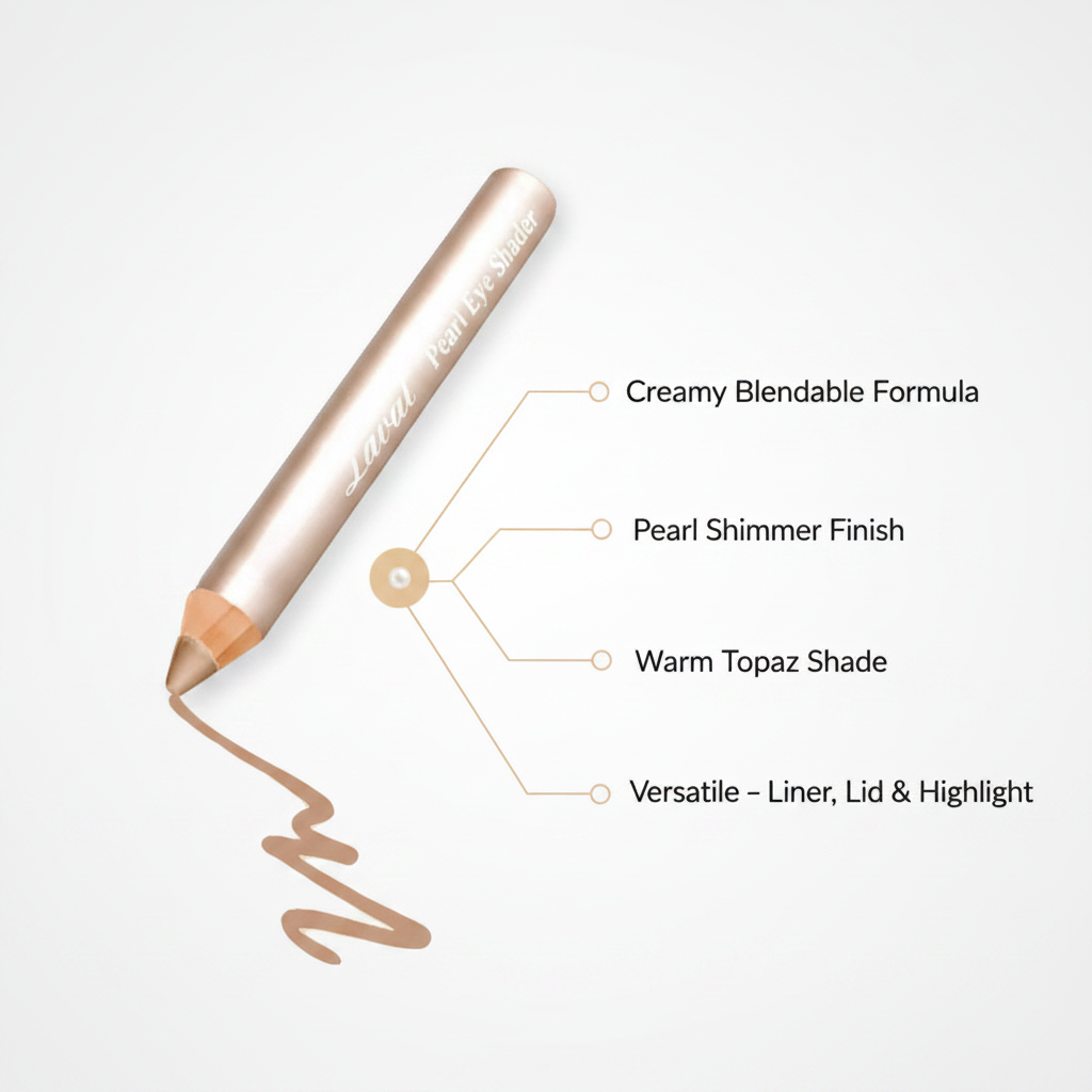 Laval Pearl Eye Shader Topaz eyeshadow pencil feature infographic showing creamy blendable formula, pearl shimmer finish, warm topaz shade and versatile use