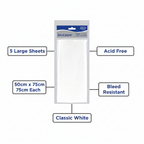 White Tissue Paper Pack of 5 infographic showing key features: 5 large sheets, 50cm x 75cm, acid free, bleed resistant