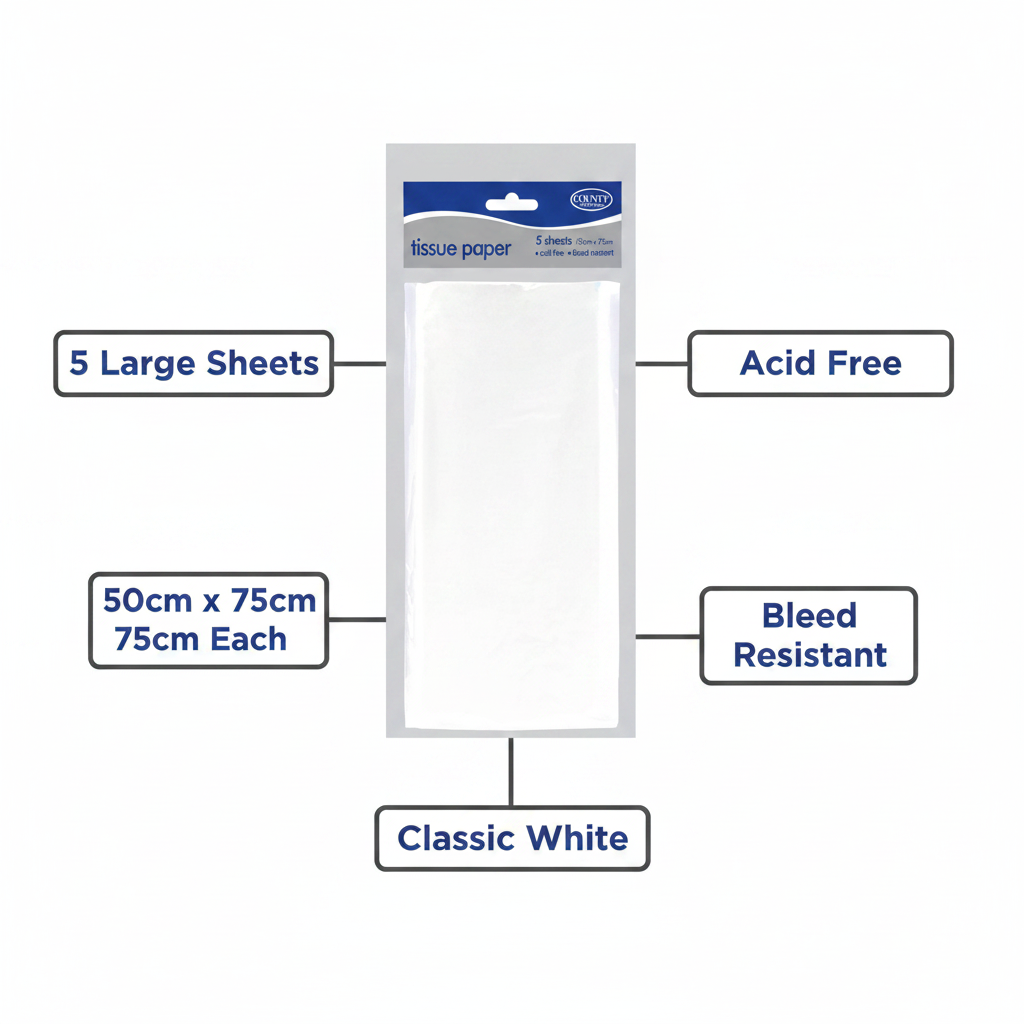 White Tissue Paper Pack of 5 infographic showing key features: 5 large sheets, 50cm x 75cm, acid free, bleed resistant