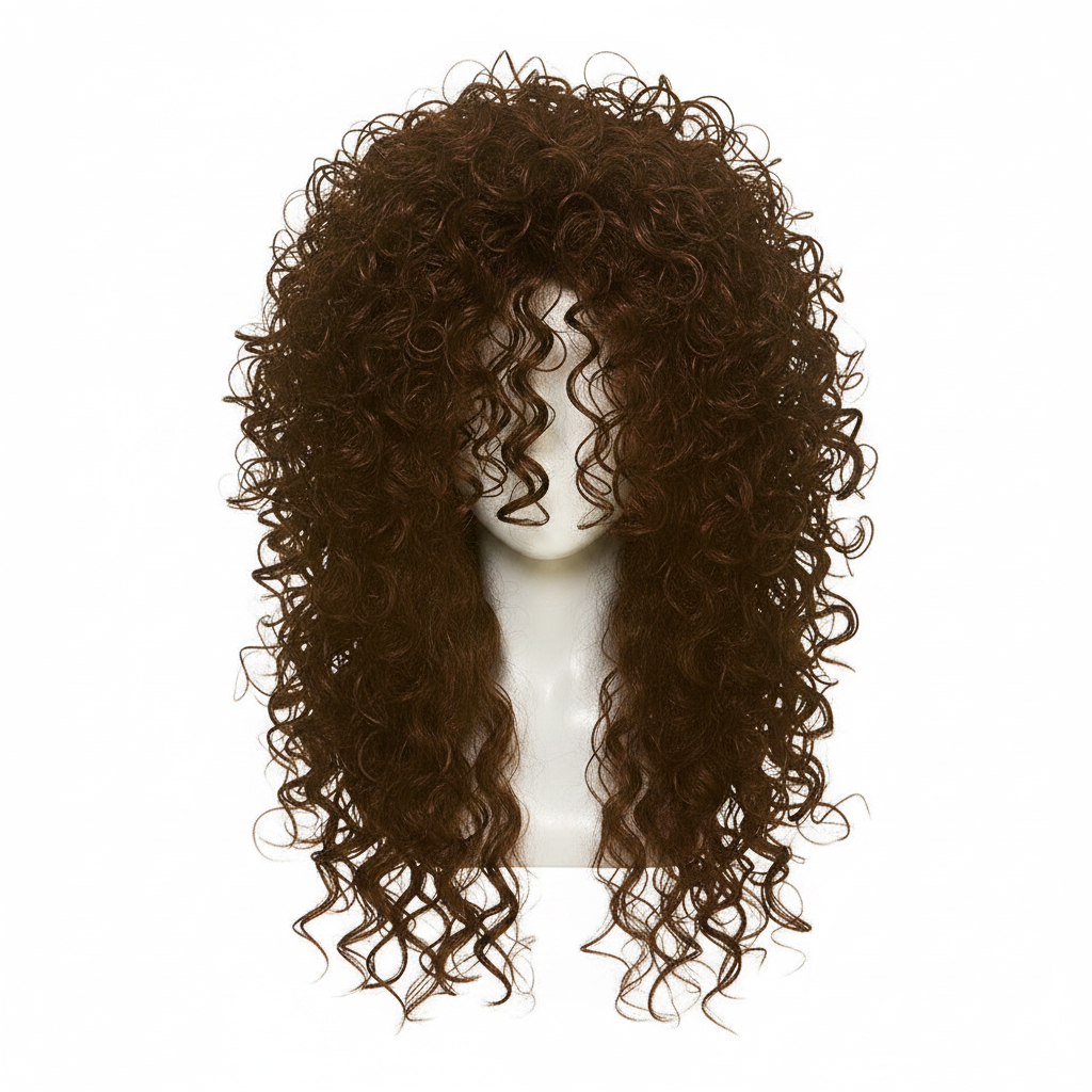 Long curly chestnut brown costume wig on white background — front studio hero shot