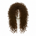 Long curly chestnut brown costume wig on white background — front studio hero shot