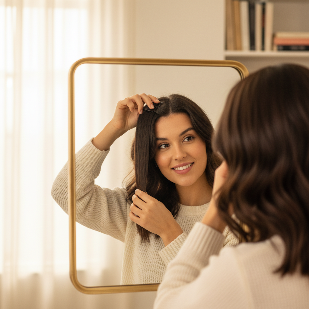 Woman clipping in a dark brown one piece hair extension Colour #2 Nigella into her hair in a candid lifestyle moment