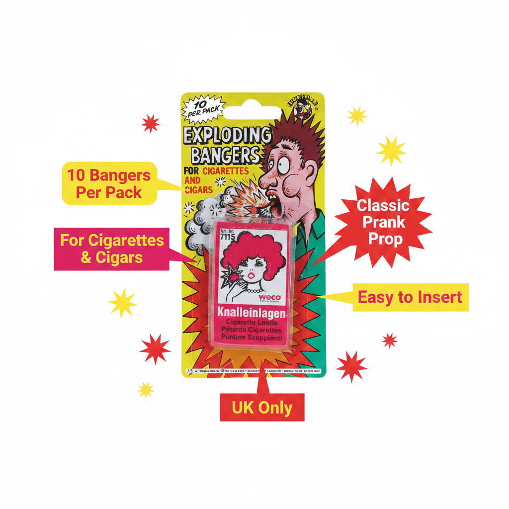 Joke exploding cigarette bangers feature infographic with callout labels on white background