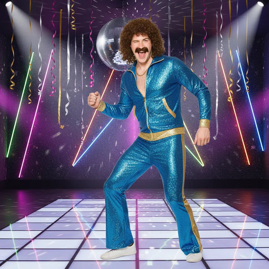 Wicked Costumes Men's Brown Perm Wig with Moustache - 70s Disco Style - Why Not Shop