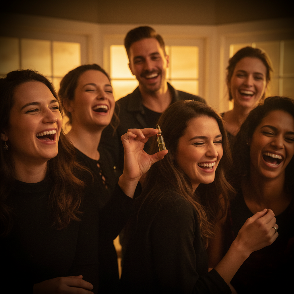 Adults at a Halloween party mid-prank with a Funnyman Products stink bomb ampoule — mischief and laughter lifestyle scene