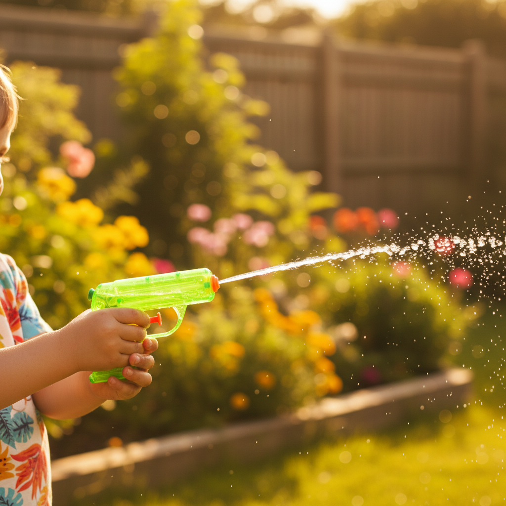 Child's hand holding neon green water pistol squirting a stream of water in a sunny garden