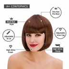 Diva brown bob wig feature infographic with 5 A+ callout labels on white background