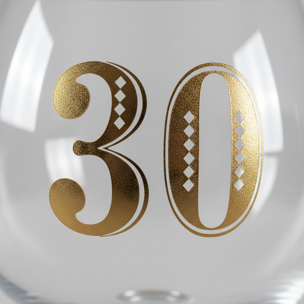 Extreme macro close-up of gold Art Deco 30 etching on clear glass, raking side light revealing craftsmanship detail