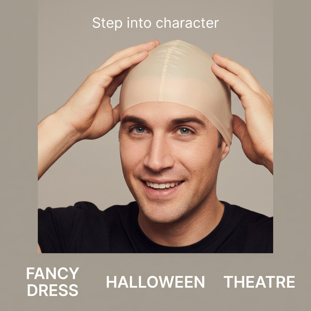Adult adjusting a latex bald cap with fancy dress, Halloween and theatre occasion captions