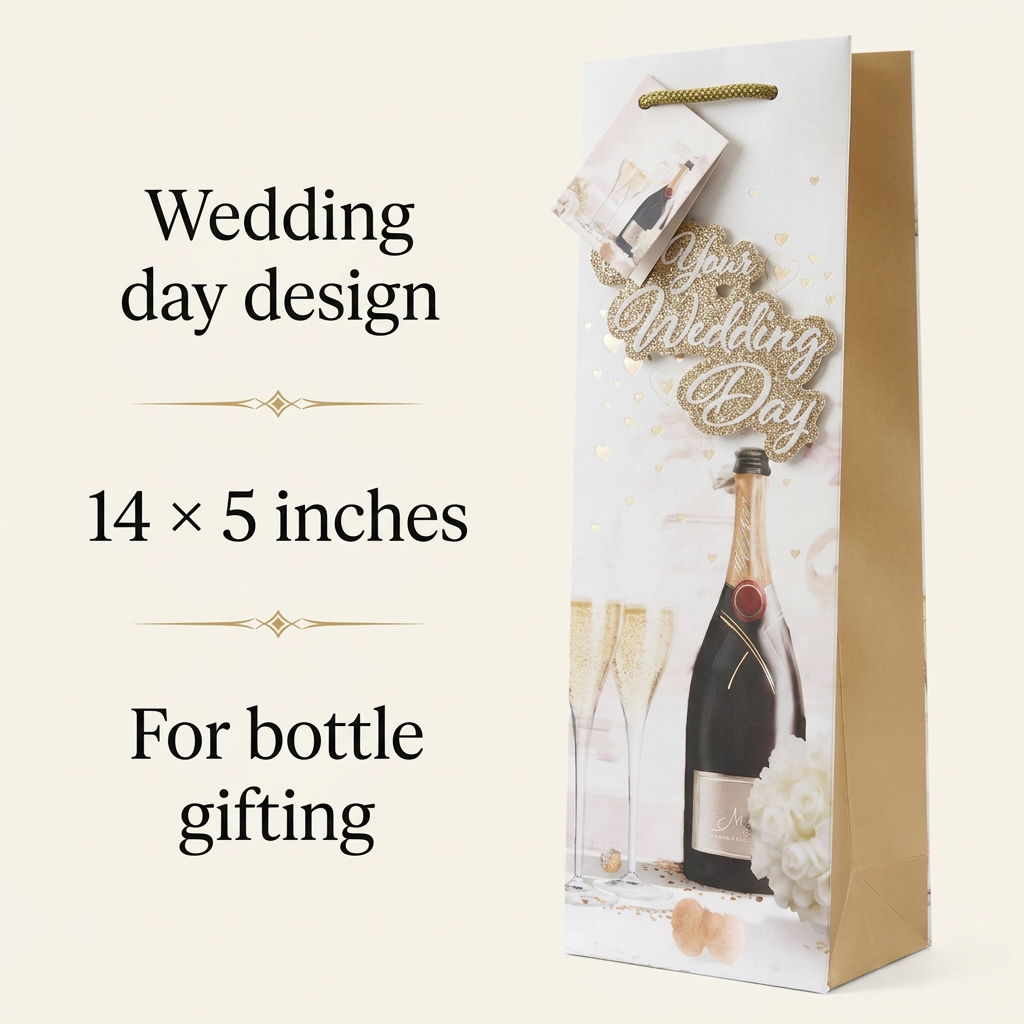 Wedding Day bottle gift bag with captions showing wedding design, 14 by 5 inch size and bottle gifting use