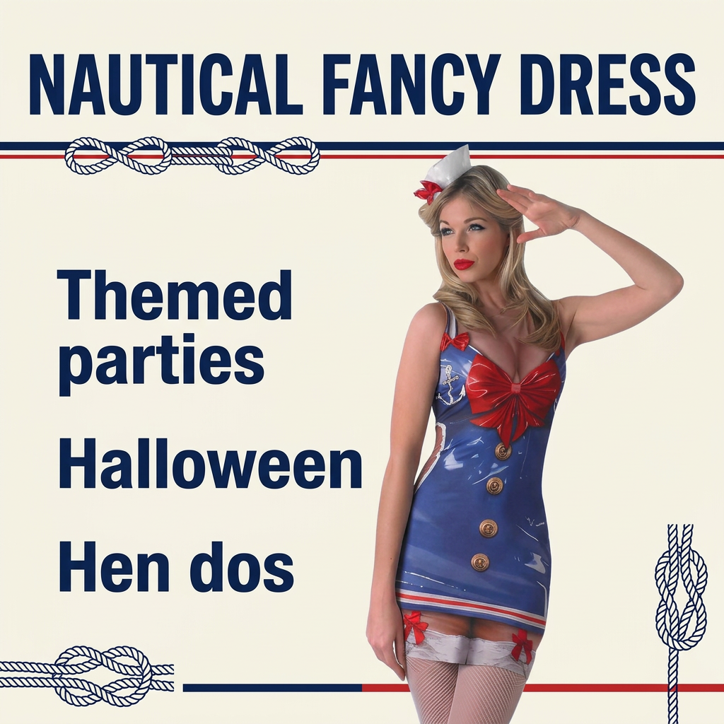 Woman modelling the blue sailor costume beside text for themed parties, Halloween and hen dos.