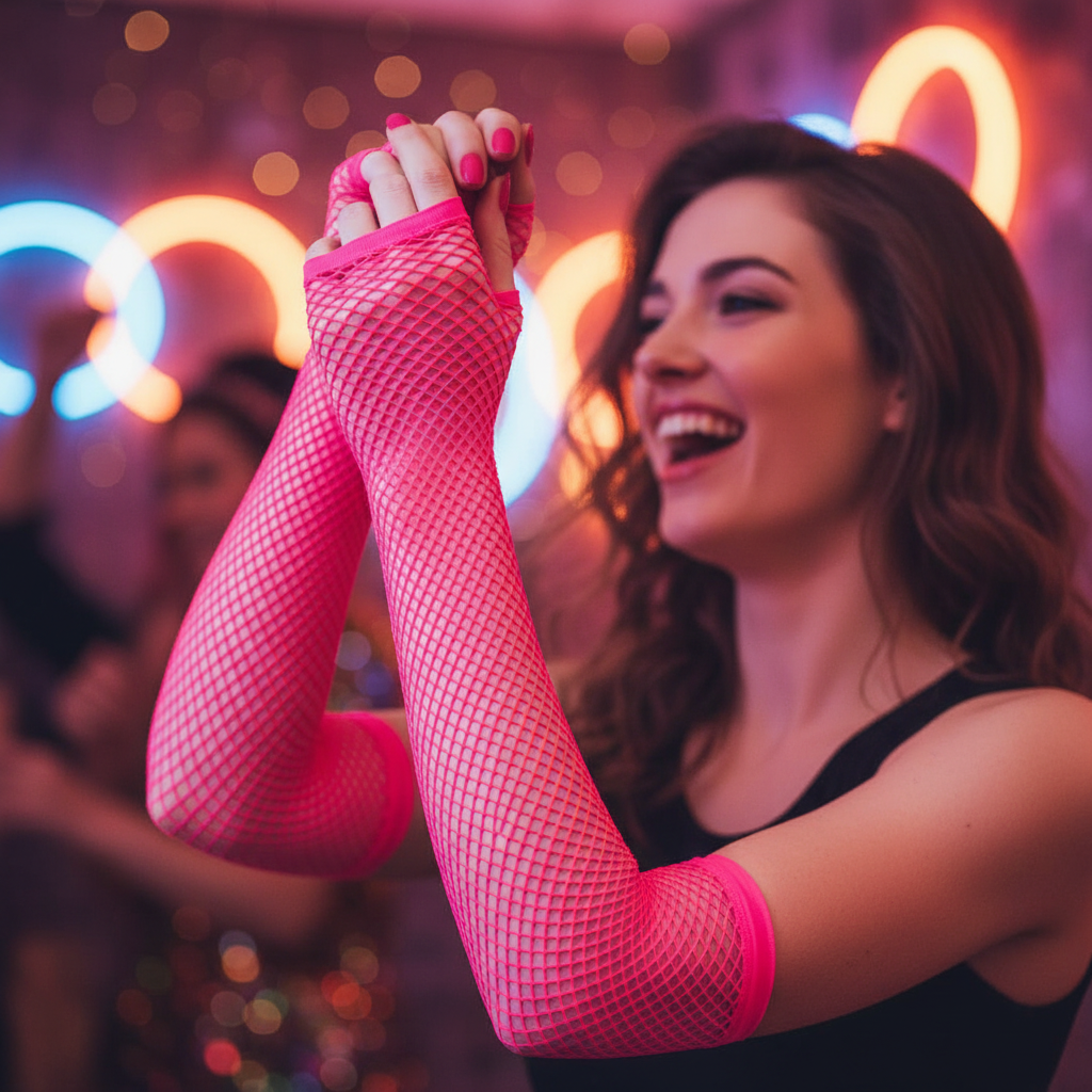 Woman wearing neon pink fishnet gloves dancing at an 80s themed party, candid lifestyle shot