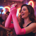 Woman wearing neon pink fishnet gloves dancing at an 80s themed party, candid lifestyle shot