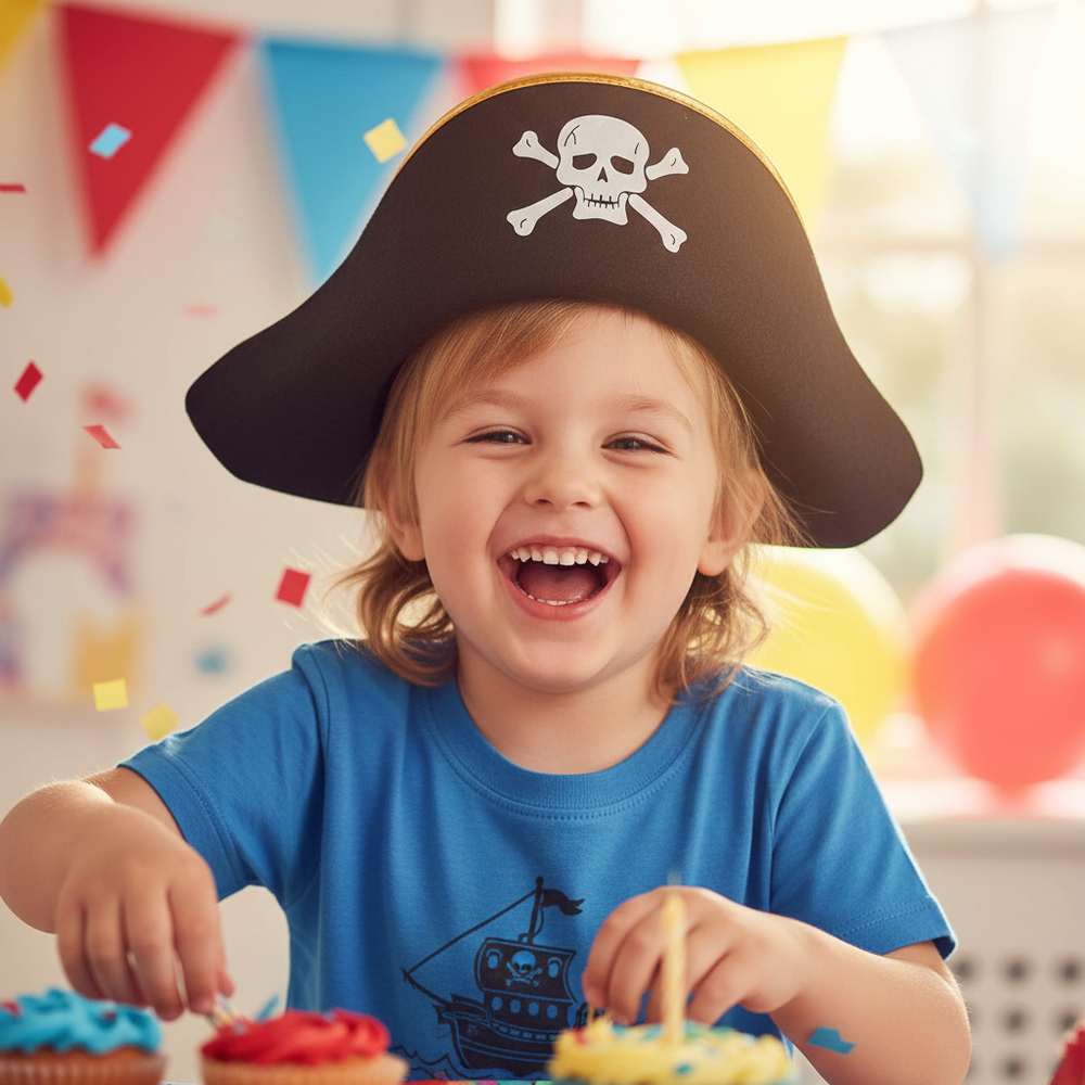 Happy child wearing flat black and white pirate hat at birthday party celebration