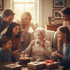 Family celebration with 80 year old using white blue gold Art Deco birthday mug