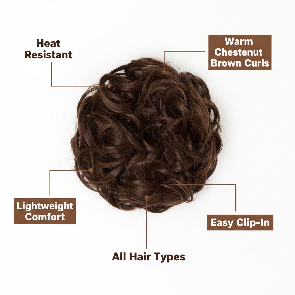 Premium feature infographic for warm chestnut brown curly messy hair bun 6 Daylillies showing key features: heat resistant, warm chestnut brown curls, lightweight, easy clip-in, all hair types