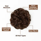 Premium feature infographic for warm chestnut brown curly messy hair bun 6 Daylillies showing key features: heat resistant, warm chestnut brown curls, lightweight, easy clip-in, all hair types