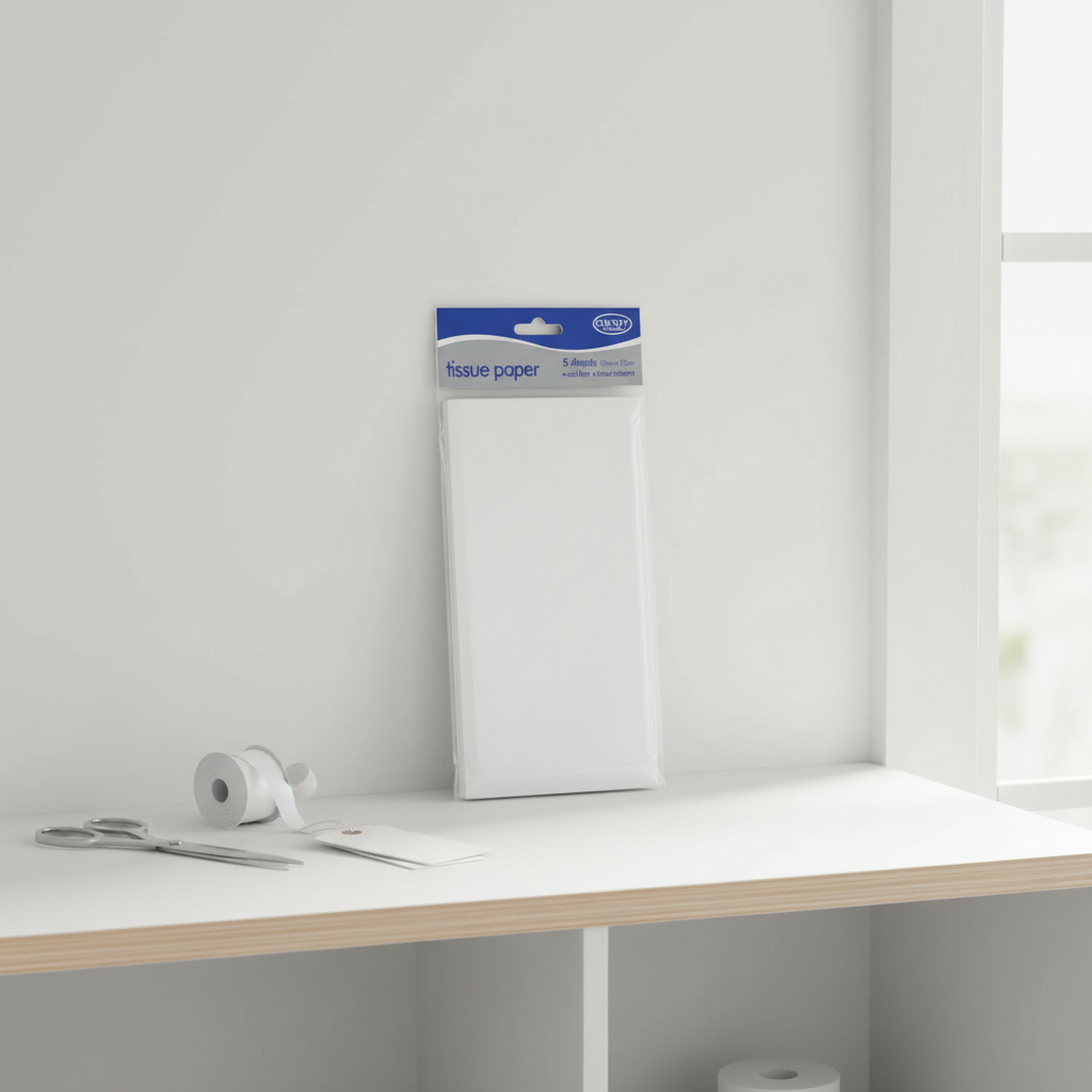 White tissue paper pack on a gift wrapping station with ribbon and scissors, natural window light, interior styling