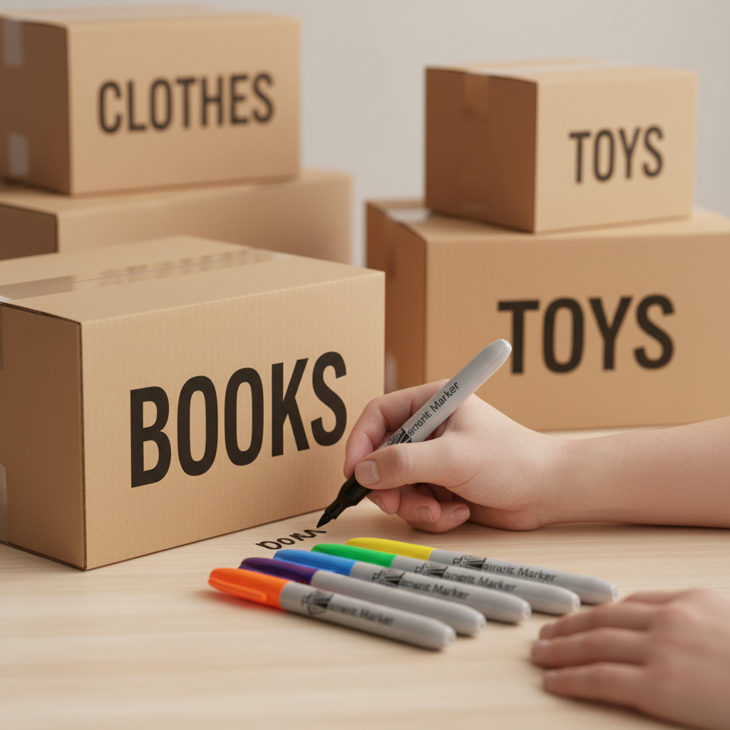 Adult hands writing bold labels on cardboard storage boxes using a Tallon Permanent Marker, remaining 7 markers resting nearby in warm bokeh background
