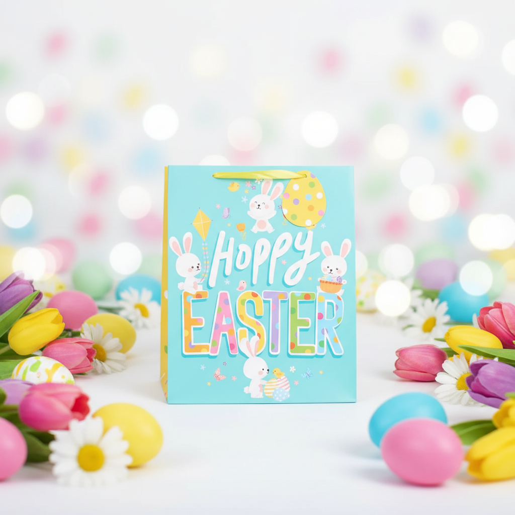 Large multi-coloured Easter Bunny gift bag 13x10 inches on a vibrant spring Easter background with pastel flowers and Easter eggs