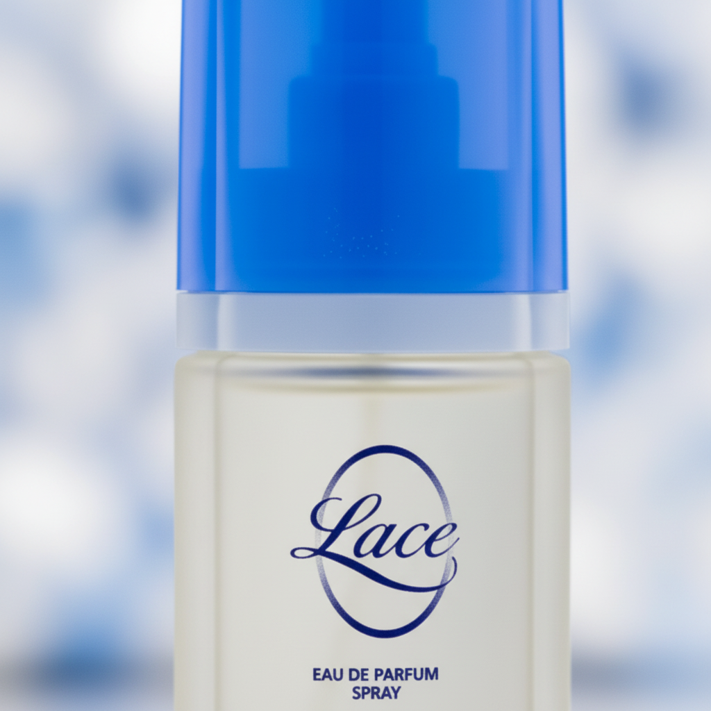 Extreme macro close-up of Taylor of London Lace EDP clear glass bottle with royal blue cap and navy script branding