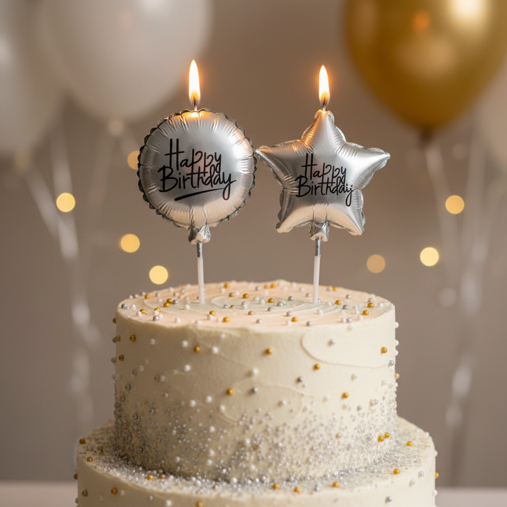 Silver foil circle and star birthday candles lit and glowing on a beautifully decorated birthday cake
