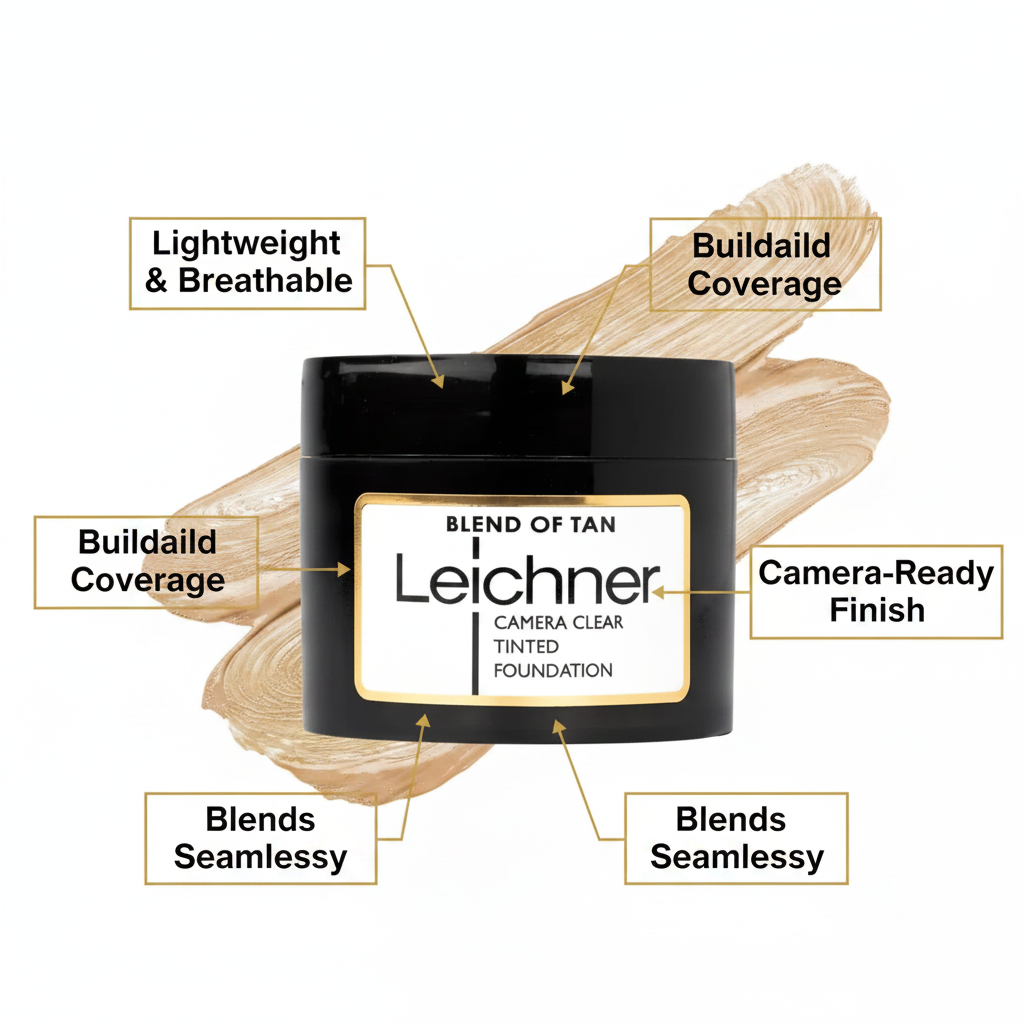 Leichner Camera Clear Tinted Foundation feature infographic highlighting lightweight, buildable coverage, camera-ready finish