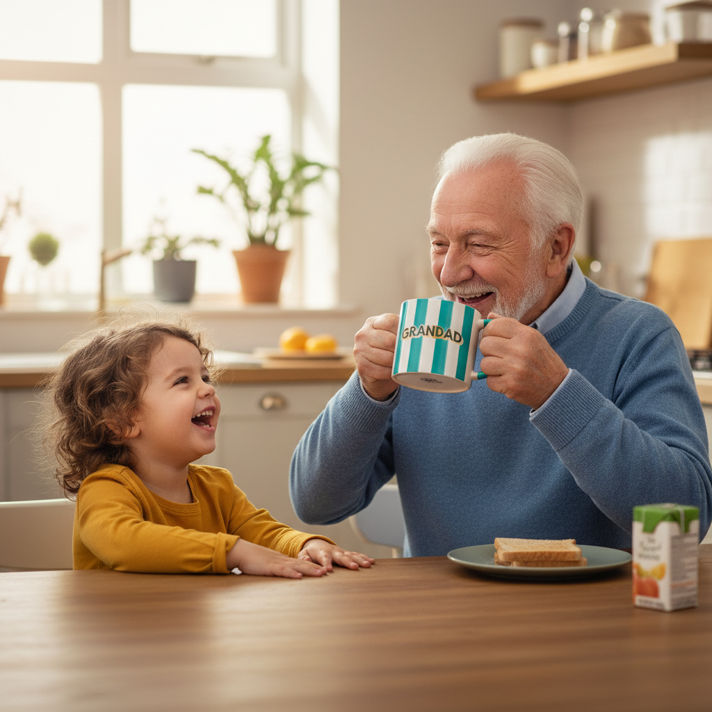 Grandfather and grandchild sharing a warm moment at the kitchen table with the Grandad Stripes 700ml mug