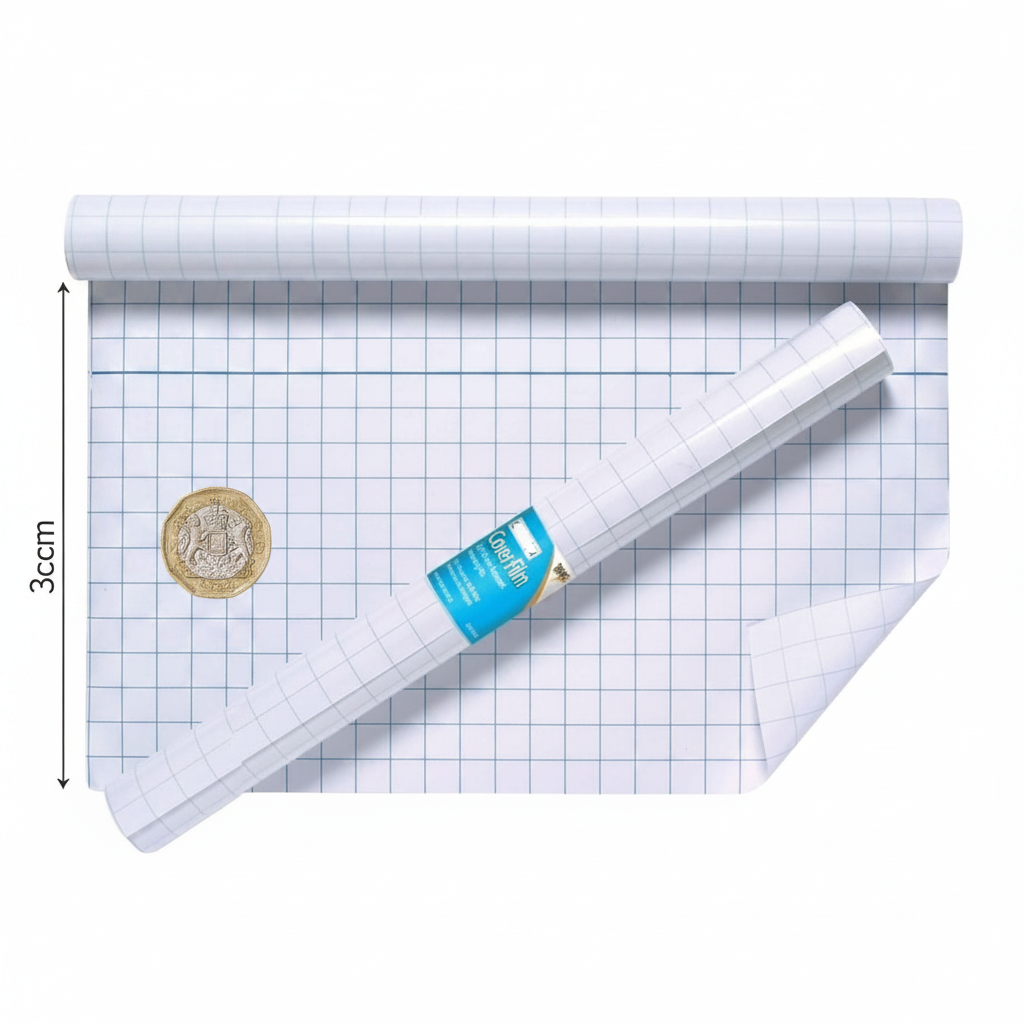 Tiger clear book cover film roll beside a £1 coin on white background showing 33cm size scale