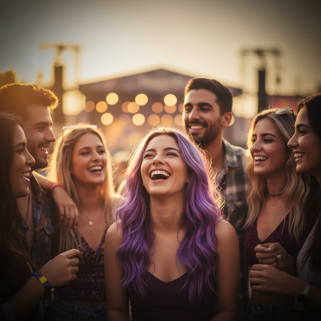 Woman with vibrant purple hair at a music festival, golden hour light, joyful candid moment