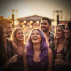 Woman with vibrant purple hair at a music festival, golden hour light, joyful candid moment