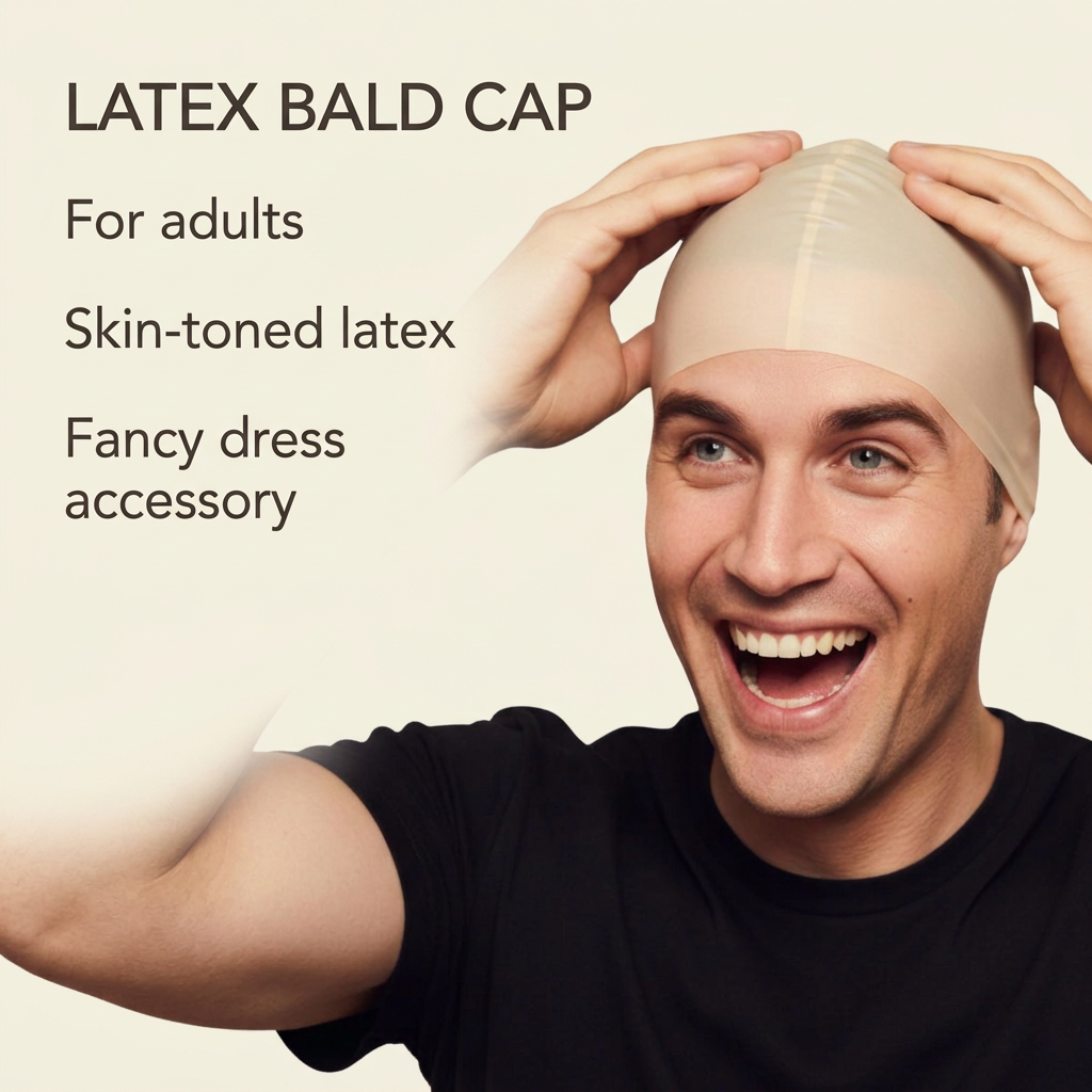 Henbrandt latex bald cap worn by an adult beside skin-toned latex and fancy dress feature captions