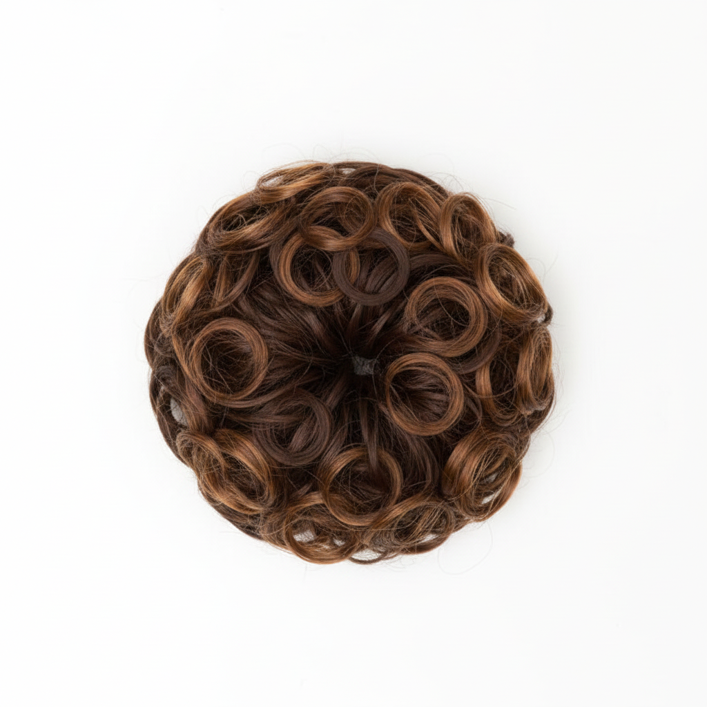Heat resistant curly messy hair bun in warm chestnut brown shade 6 Daylillies on pure white background, Amazon and eBay compliant hero shot