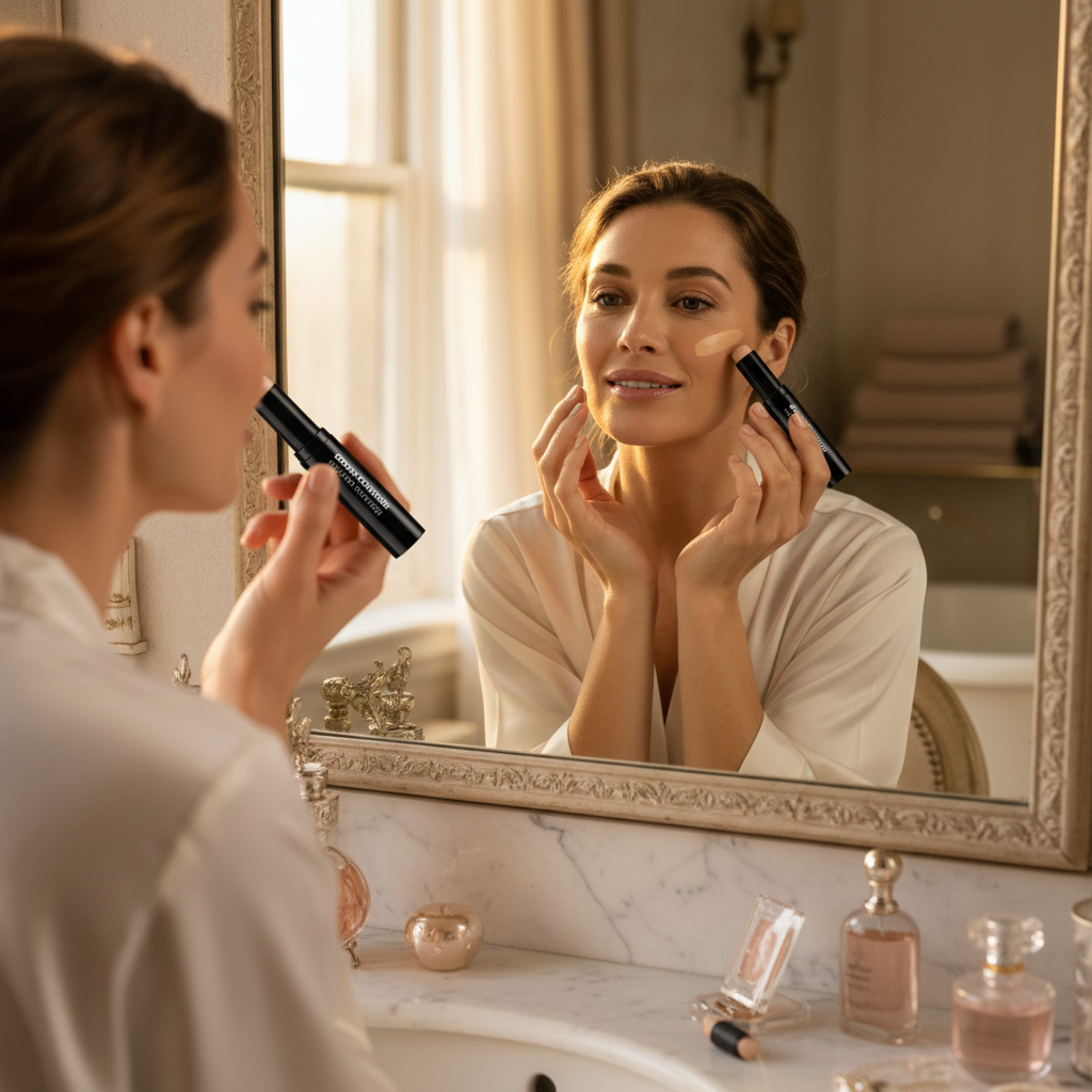 Woman applying Leichner Camera Clear Foundation Biscuit shade - lifestyle beauty image