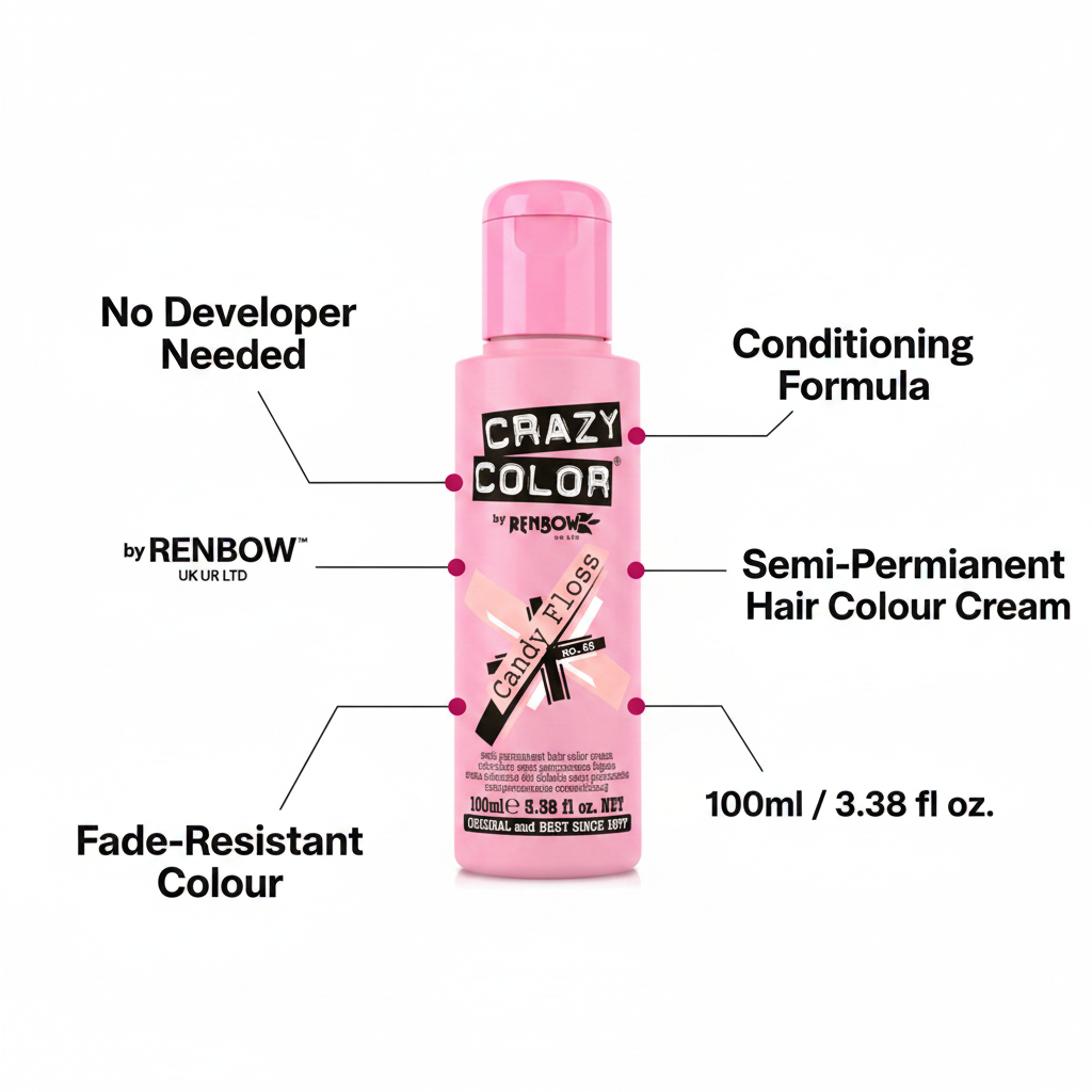 Crazy Color Candy Floss No.65 hair dye infographic showing key features including no developer needed, conditioning formula and 100ml size