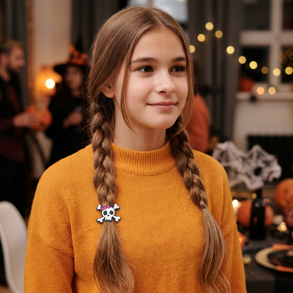 Person in an orange jumper wearing a skull with pink bow Halloween bobble in a plait