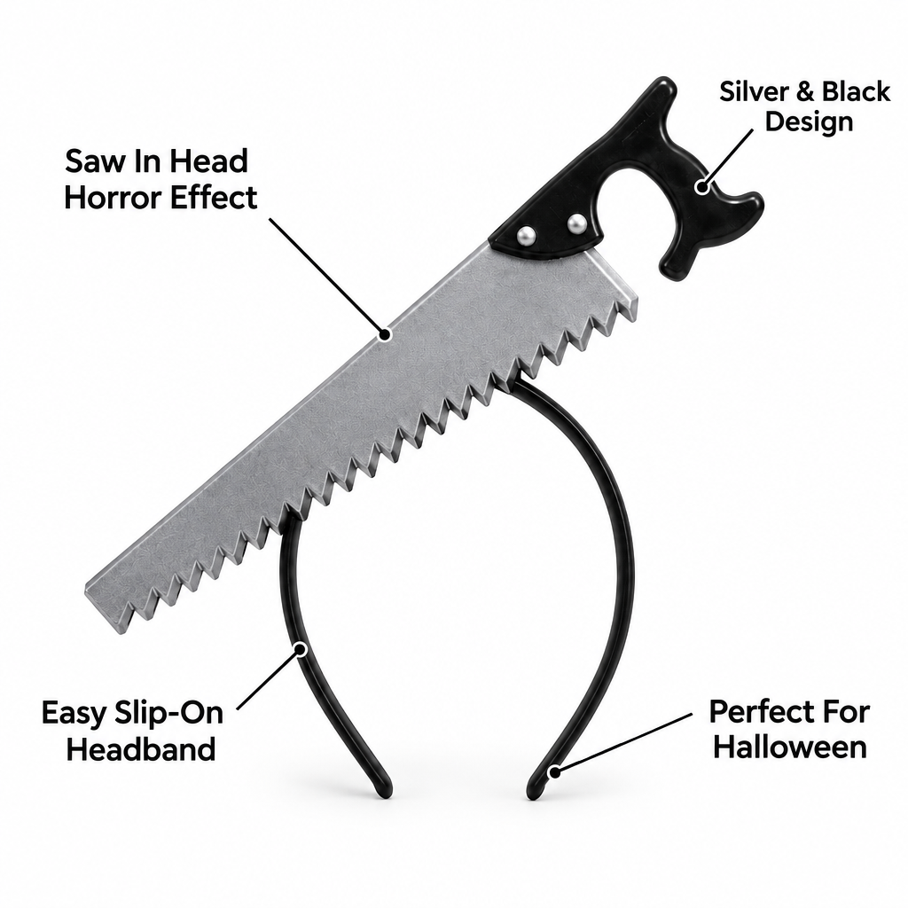 Saw in head headband infographic showing horror effect, silver and black design, slip-on headband, perfect for Halloween