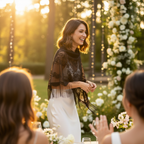 Woman at a summer wedding wearing a black lace fringe shawl over a white dress at golden hour, warm celebratory atmosphere